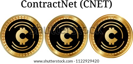 Set of physical golden coin ContractNet (CNET), digital cryptocurrency.  icon set. Vector illustration isolated on white background.