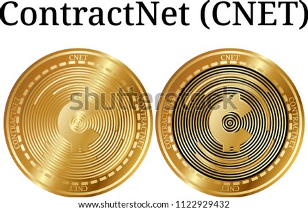 Set of physical golden coin ContractNet (CNET), digital cryptocurrency.  icon set. Vector illustration isolated on white background.
