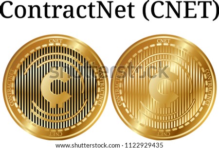 Set of physical golden coin ContractNet (CNET), digital cryptocurrency.  icon set. Vector illustration isolated on white background.