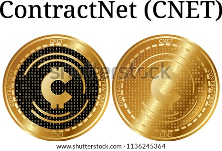 Set of physical golden coin ContractNet (CNET), digital cryptocurrency.  icon set. Vector illustration isolated on white background.