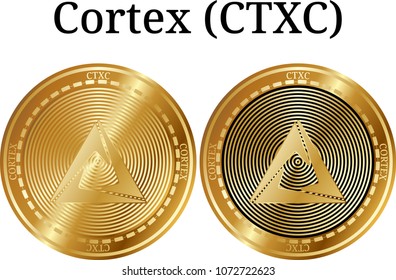 Set of physical golden coin Cortex (CTXC), digital cryptocurrency. Cortex (CTXC) icon set. Vector illustration isolated on white background.