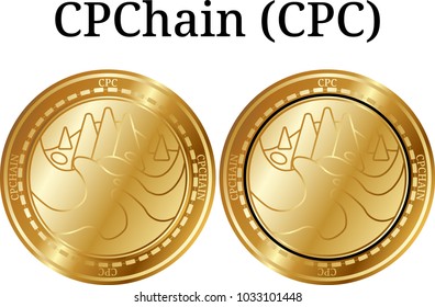 Set of physical golden coin CPChain (CPC), digital cryptocurrency. CPChain (CPC) icon set. Vector illustration isolated on white background.