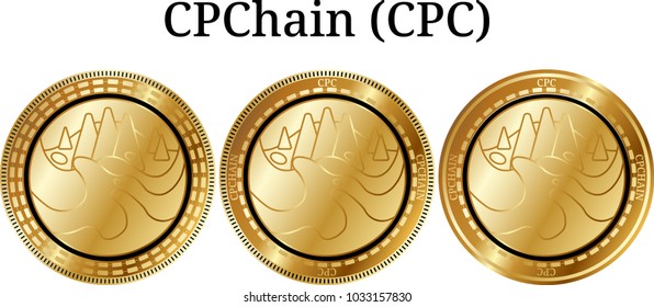 Set of physical golden coin CPChain (CPC), digital cryptocurrency. CPChain (CPC) icon set. Vector illustration isolated on white background.