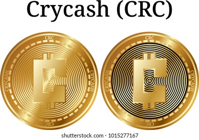 Set of physical golden coin Crycash (CRC), digital cryptocurrency. Crycash (CRC) icon set. Vector illustration isolated on white background.