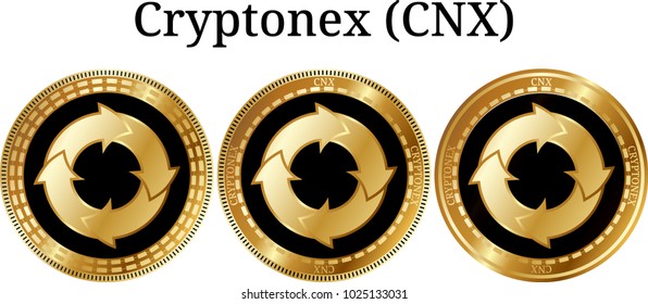 Set of physical golden coin Cryptonex (CNX), digital cryptocurrency. Cryptonex (CNX) icon set. Vector illustration isolated on white background.