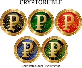 Set of physical golden coin Cryptoruble, digital cryptocurrency. Cryptoruble icon set. Vector illustration isolated on white background.