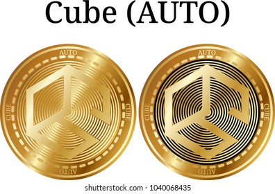 Set of physical golden coin Cube (AUTO), digital cryptocurrency. Cube (AUTO) icon set. Vector illustration isolated on white background.