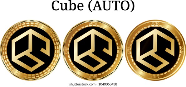 Set of physical golden coin Cube (AUTO), digital cryptocurrency. Cube (AUTO) icon set. Vector illustration isolated on white background.