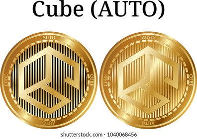 Set of physical golden coin Cube (AUTO), digital cryptocurrency. Cube (AUTO) icon set. Vector illustration isolated on white background.