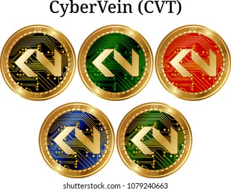 Set of physical golden coin CyberVein (CVT), digital cryptocurrency. CyberVein (CVT) icon set. Vector illustration isolated on white background.