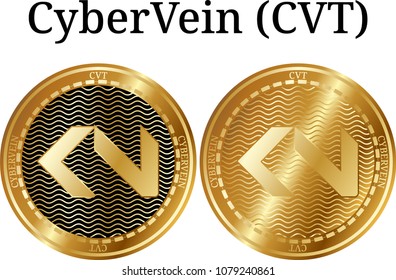 Set of physical golden coin CyberVein (CVT), digital cryptocurrency. CyberVein (CVT) icon set. Vector illustration isolated on white background.