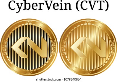Set of physical golden coin CyberVein (CVT), digital cryptocurrency. CyberVein (CVT) icon set. Vector illustration isolated on white background.