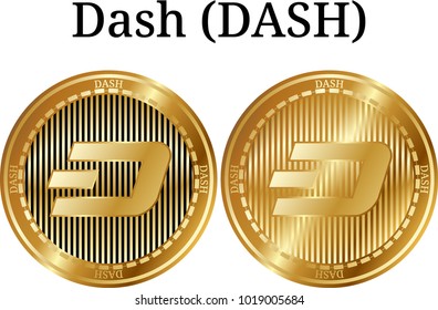 Set of physical golden coin Dash (DASH), digital cryptocurrency. Dash (DASH) icon set. Vector illustration isolated on white background.