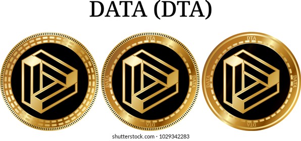 Set of physical golden coin DATA (DTA), digital cryptocurrency. DATA (DTA) icon set. Vector illustration isolated on white background.