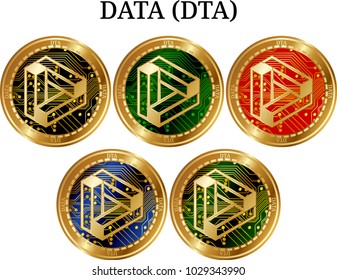 Set of physical golden coin DATA (DTA), digital cryptocurrency. DATA (DTA) icon set. Vector illustration isolated on white background.