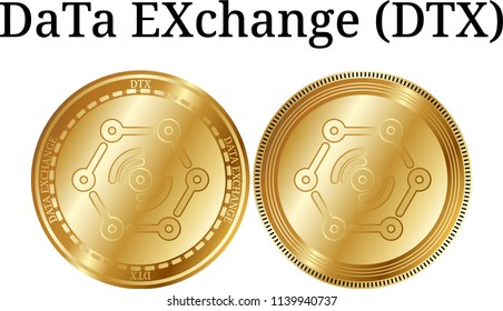 Set of physical golden coin DaTa EXchange (DTX), digital cryptocurrency.  icon set. Vector illustration isolated on white background.