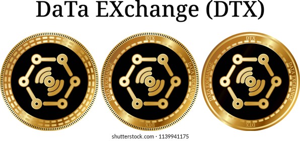 Set of physical golden coin DaTa EXchange (DTX), digital cryptocurrency.  icon set. Vector illustration isolated on white background.