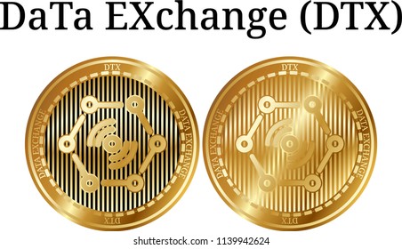 Set of physical golden coin DaTa EXchange (DTX), digital cryptocurrency.  icon set. Vector illustration isolated on white background.
