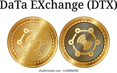 Set of physical golden coin DaTa EXchange (DTX), digital cryptocurrency.  icon set. Vector illustration isolated on white background.