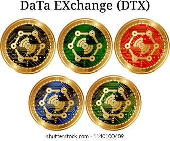 Set of physical golden coin DaTa EXchange (DTX), digital cryptocurrency.  icon set. Vector illustration isolated on white background.