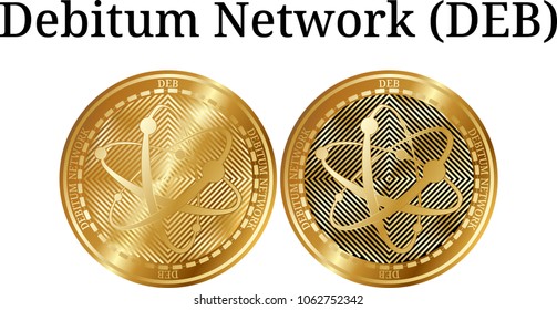 Set of physical golden coin Debitum Network (DEB), digital cryptocurrency. Debitum Network (DEB) icon set. Vector illustration isolated on white background.