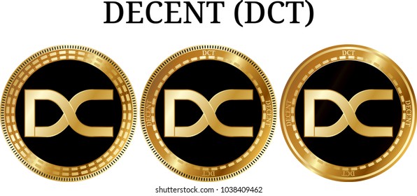 Set of physical golden coin DECENT (DCT), digital cryptocurrency. DECENT (DCT) icon set. Vector illustration isolated on white background.
