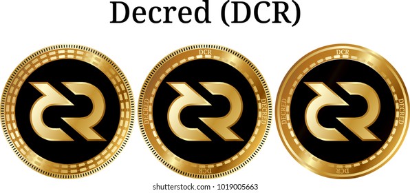 Set of physical golden coin Decred (DCR), digital cryptocurrency. Decred (DCR) icon set. Vector illustration isolated on white background.