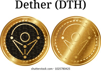 Set of physical golden coin Dether (DTH), digital cryptocurrency. Dether (DTH) icon set. Vector illustration isolated on white background.