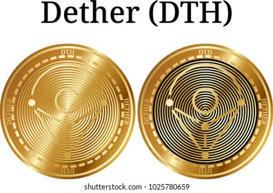 Set of physical golden coin Dether (DTH), digital cryptocurrency. Dether (DTH) icon set. Vector illustration isolated on white background.