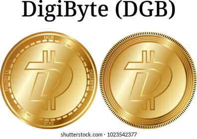 Set of physical golden coin DigiByte (DGB), digital cryptocurrency. DigiByte (DGB) icon set. Vector illustration isolated on white background.