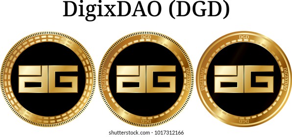 Set of physical golden coin DigixDAO (DGD), digital cryptocurrency. DigixDAO (DGD) icon set. Vector illustration isolated on white background.