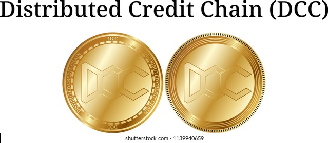 Set of physical golden coin Distributed Credit Chain (DCC), digital cryptocurrency.  icon set. Vector illustration isolated on white background.