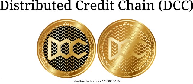 Set of physical golden coin Distributed Credit Chain (DCC), digital cryptocurrency.  icon set. Vector illustration isolated on white background.