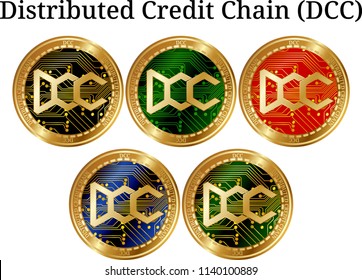 Set of physical golden coin Distributed Credit Chain (DCC), digital cryptocurrency.  icon set. Vector illustration isolated on white background.