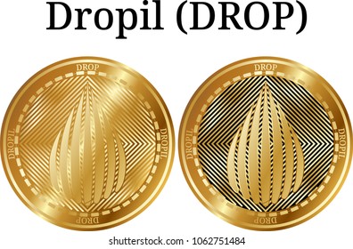Set of physical golden coin Dropil (DROP), digital cryptocurrency. Dropil (DROP) icon set. Vector illustration isolated on white background.