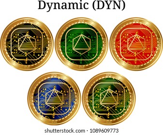 Set of physical golden coin Dynamic (DYN), digital cryptocurrency. Dynamic (DYN) icon set. Vector illustration isolated on white background.