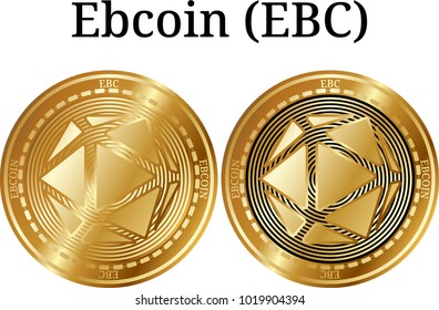 Set of physical golden coin Ebcoin (EBC), digital cryptocurrency. Ebcoin (EBC) icon set. Vector illustration isolated on white background.