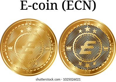 Set of physical golden coin E-coin (ECN), digital cryptocurrency. E-coin (ECN) icon set. Vector illustration isolated on white background.