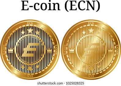 Set of physical golden coin E-coin (ECN), digital cryptocurrency. E-coin (ECN) icon set. Vector illustration isolated on white background.