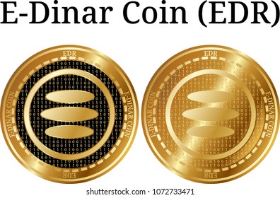 Set of physical golden coin E-Dinar Coin (EDR), digital cryptocurrency. E-Dinar Coin (EDR) icon set. Vector illustration isolated on white background.