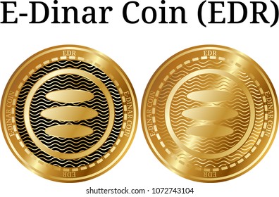 Set of physical golden coin E-Dinar Coin (EDR), digital cryptocurrency. E-Dinar Coin (EDR) icon set. Vector illustration isolated on white background.