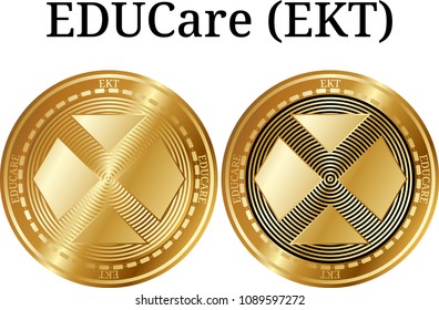 Set of physical golden coin EDUCare (EKT), digital cryptocurrency. EDUCare (EKT) icon set. Vector illustration isolated on white background.