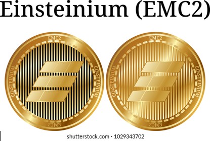 Set of physical golden coin Einsteinium (EMC2), digital cryptocurrency. Einsteinium (EMC2) icon set. Vector illustration isolated on white background.