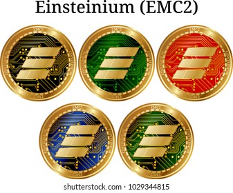 Set of physical golden coin Einsteinium (EMC2), digital cryptocurrency. Einsteinium (EMC2) icon set. Vector illustration isolated on white background.