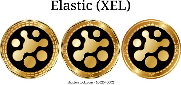 Set of physical golden coin Elastic (XEL), digital cryptocurrency. Elastic (XEL) icon set. Vector illustration isolated on white background.