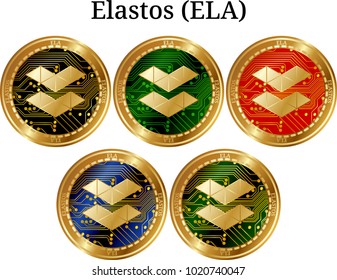 Set of physical golden coin Elastos (ELA), digital cryptocurrency. Elastos (ELA) icon set. Vector illustration isolated on white background.