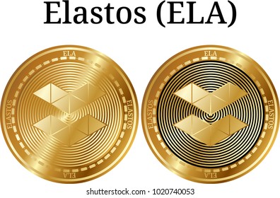 Set of physical golden coin Elastos (ELA), digital cryptocurrency. Elastos (ELA) icon set. Vector illustration isolated on white background.