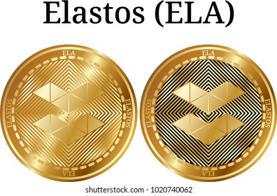 Set of physical golden coin Elastos (ELA), digital cryptocurrency. Elastos (ELA) icon set. Vector illustration isolated on white background.