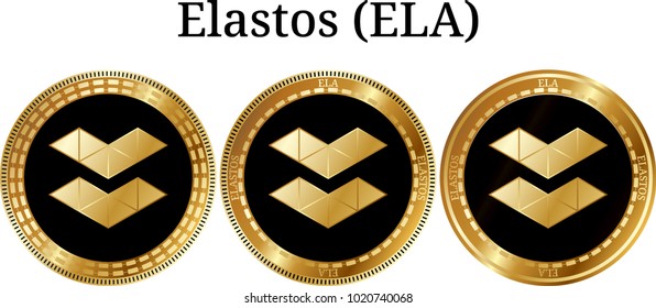 Set of physical golden coin Elastos (ELA), digital cryptocurrency. Elastos (ELA) icon set. Vector illustration isolated on white background.