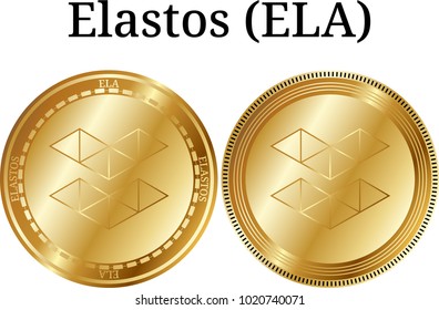 Set of physical golden coin Elastos (ELA), digital cryptocurrency. Elastos (ELA) icon set. Vector illustration isolated on white background.